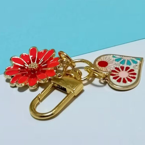 Floral Keyring/Bag Charm - Reddish Pink w/Teal - Picture 2 of 4